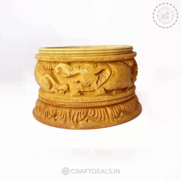 Wooden Carved Box with a scene of wild animals open lid
