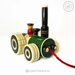 Handmade wooden pull-along toy with bright colors and intricate design, crafted by skilled Channapatna artisans