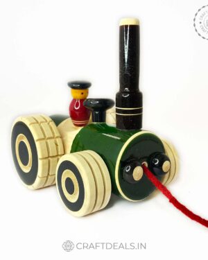Handmade wooden pull-along toy with bright colors and intricate design, crafted by skilled Channapatna artisans".