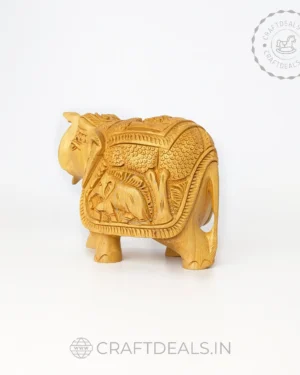 Hand Carved Wooden Trunk Up Elephant - Indian Artisan Sculpture