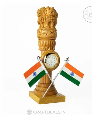 Wooden-Carved-Ashok-Stambh-Pillar-Flags-Clock