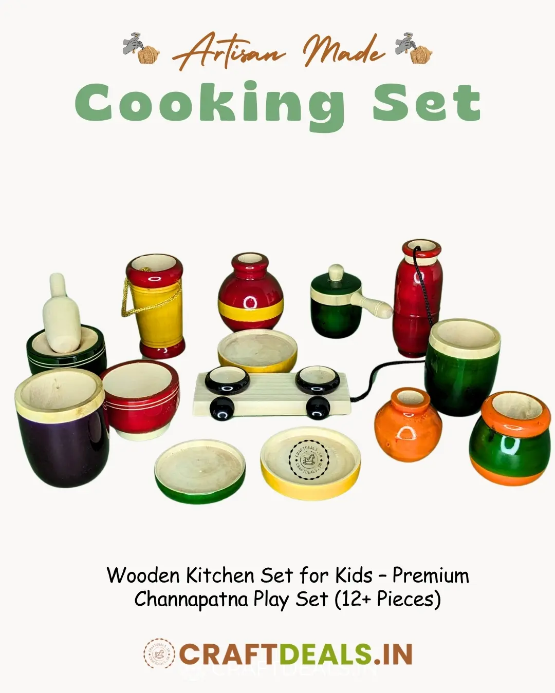 Wooden Kitchen Set for Kids (12+ Pieces) – Premium Channapatna Cooking Set - Image 2