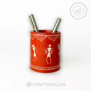 Handcrafted Wooden Pen Holder with Warli Art, ideal for organizing pens and adding cultural charm to your workspace.