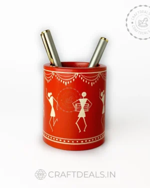 Handcrafted Wooden Pen Holder with Warli Art, ideal for organizing pens and adding cultural charm to your workspace.