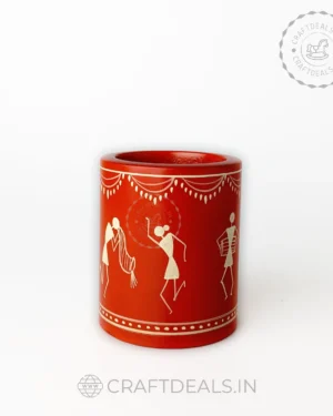 Handcrafted Wooden Pen Holder with Warli Art, ideal for organizing pens and adding cultural charm to your workspace.