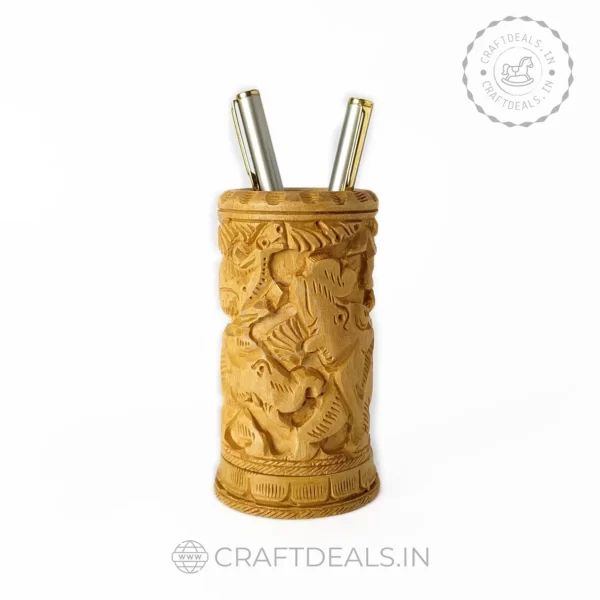 wooden-pen-stand-jungle-carved-design