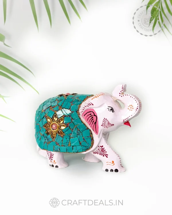 Wood Handmade Royal Elephant Up Trunk Statue with Stone Work  (4" inch) - Image 2