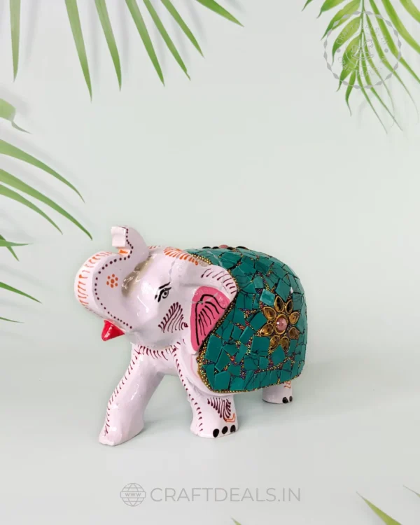 Wood Handmade Royal Elephant Up Trunk Statue with Stone Work  (4" inch) - Image 3