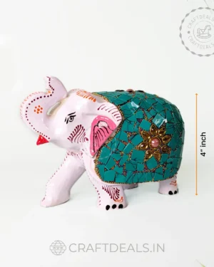 Wood Handmade Royal Elephant Up Trunk Statue with Stone Work  (4" inch)
