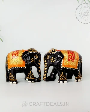 Wooden Hand Painted Elephant Figurine Golden Red 2.5" inch | (Set Of 2)