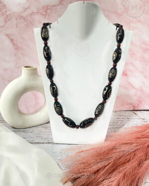 Handcrafted Oval Wooden Beads Premium Necklace | Harmless Organic Dye Colors (Black, Orange, Green) Cruelty Free, Responsible Fashion