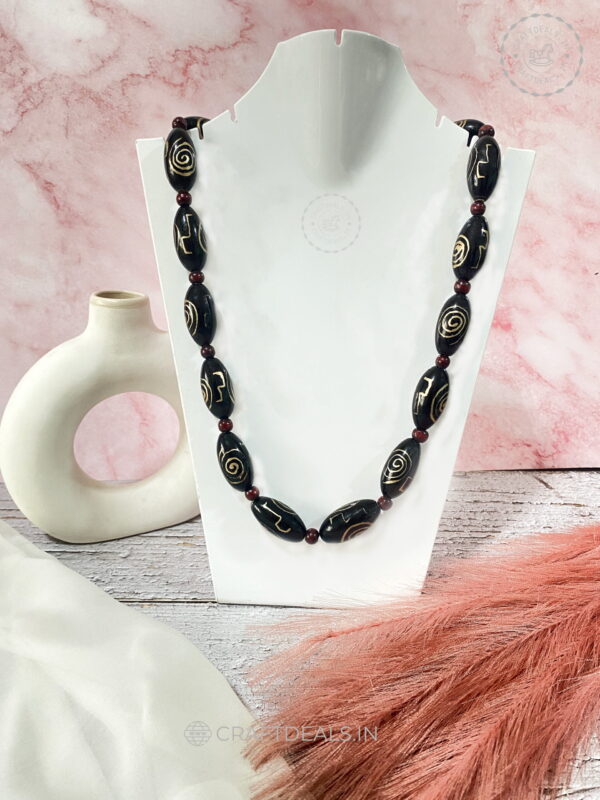 Handcrafted Oval Wooden Beads Premium Necklace | Harmless Organic Dye Colors (Black, Orange, Green) Cruelty Free, Responsible Fashion