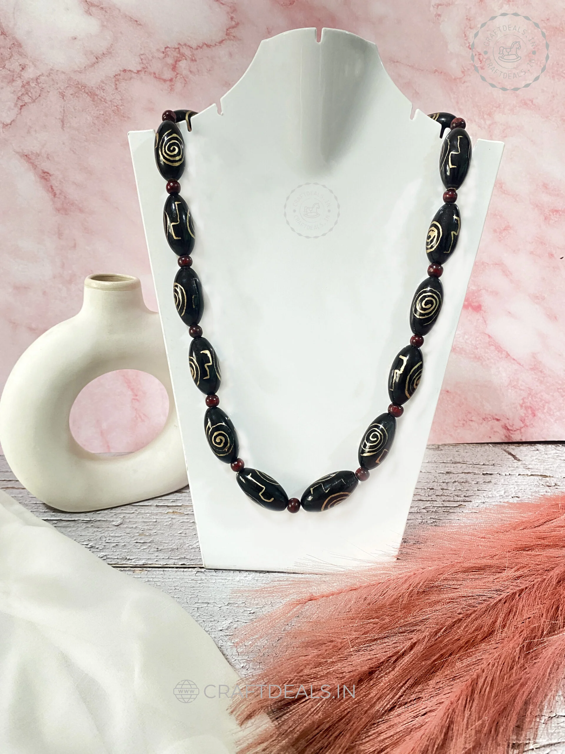 Handcrafted Oval Wooden Beads Premium Necklace | Harmless Organic Dye Colors (Black, Orange, Green) Cruelty Free, Responsible Fashion