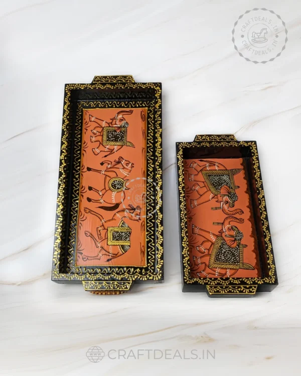 Wooden Tray with Hand-Painted Traditional Designs (Pack of 2) - Image 3