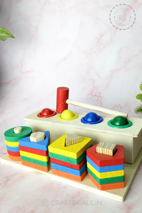 Wooden Sleeve Column Geometric Shapes and Hammer Ball Toy , learning toys for children, kids toy, knock toys - Image 2