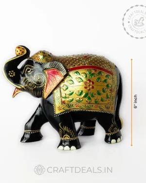 Premium Decor Wooden Black and Gold Royal Trunk Up Elephant Figurine Indian Handcrafted Artistic Beauty (6 inch)