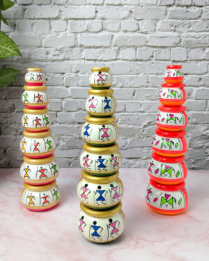 Handcrafted Wooden Decorative 6-Pot Warli Hand Painted Showpiece: Stunning Home Décor Accent
