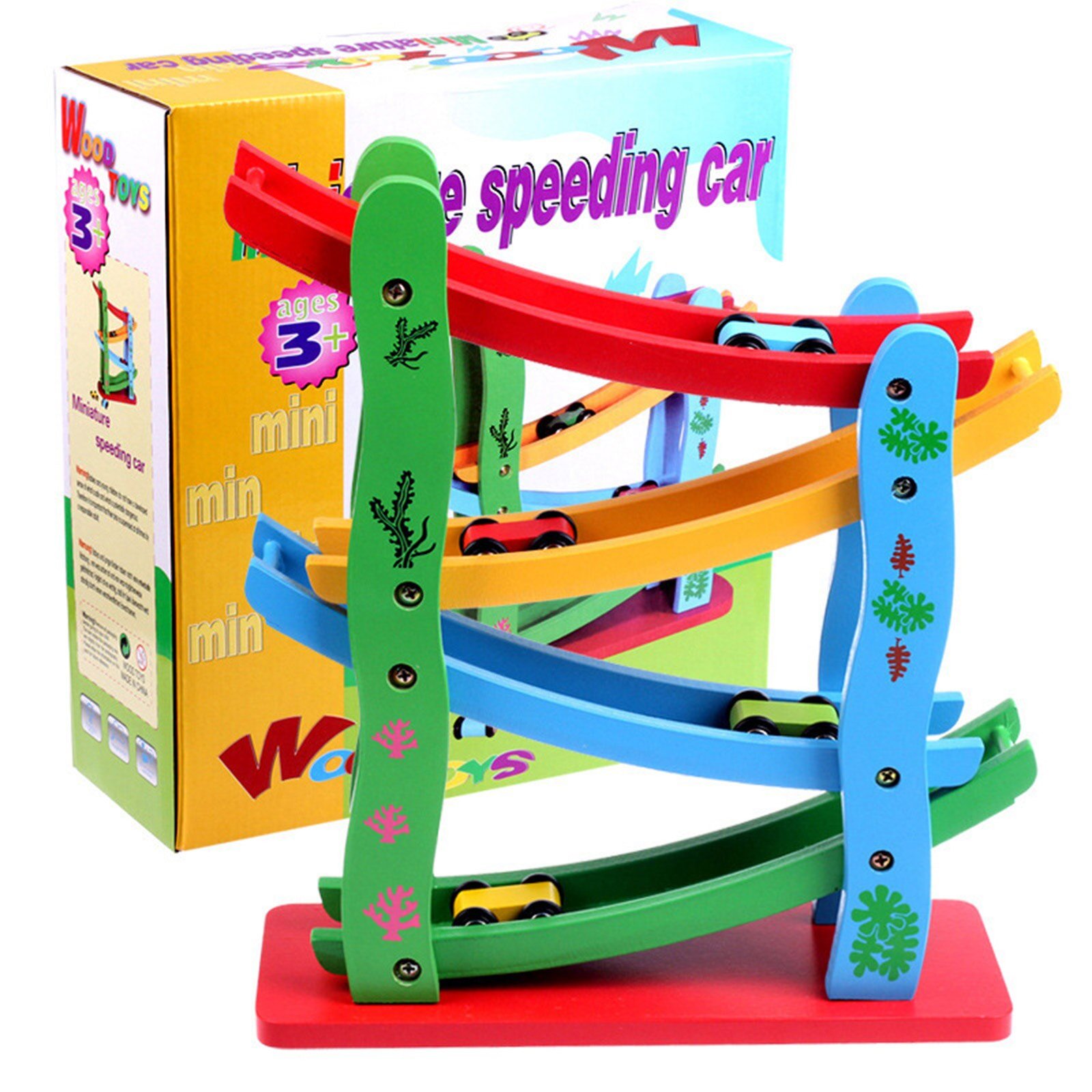 Four Level Track Racing Odyssey Wooden Car Ramp For Toddlers Toy Set 