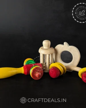 Wooden Neem Teethers and Rattle Toys Set | Channapatna Toys Set for Infants, New Born Babies(4 pc)