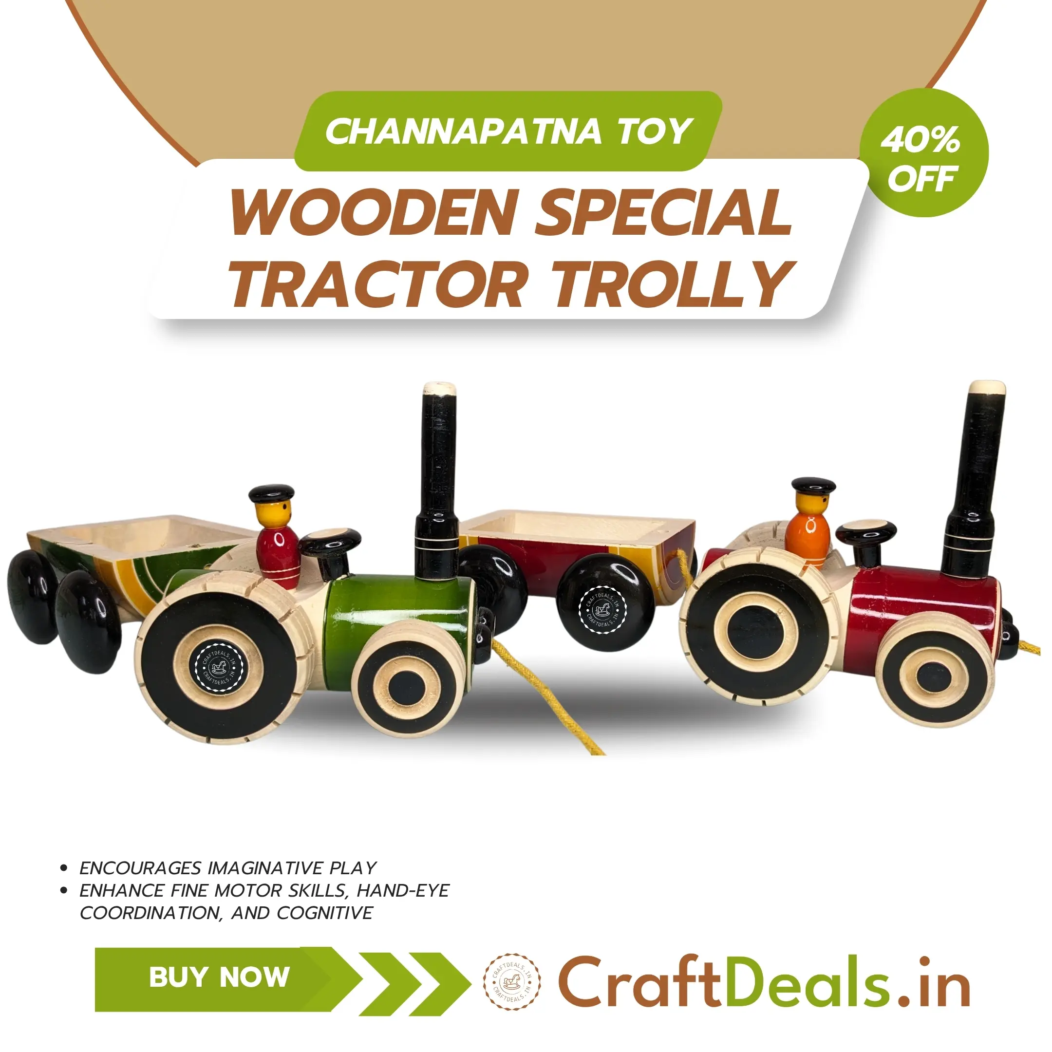 Channapatna Toy Wooden Special Tractor Trolly Pull Along(1 Pc)