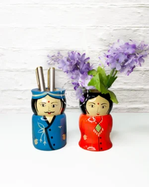 Handcrafted Wooden Pen Stand Raja Rani - Vibrant Desk Organizer with Channapatna Artistry