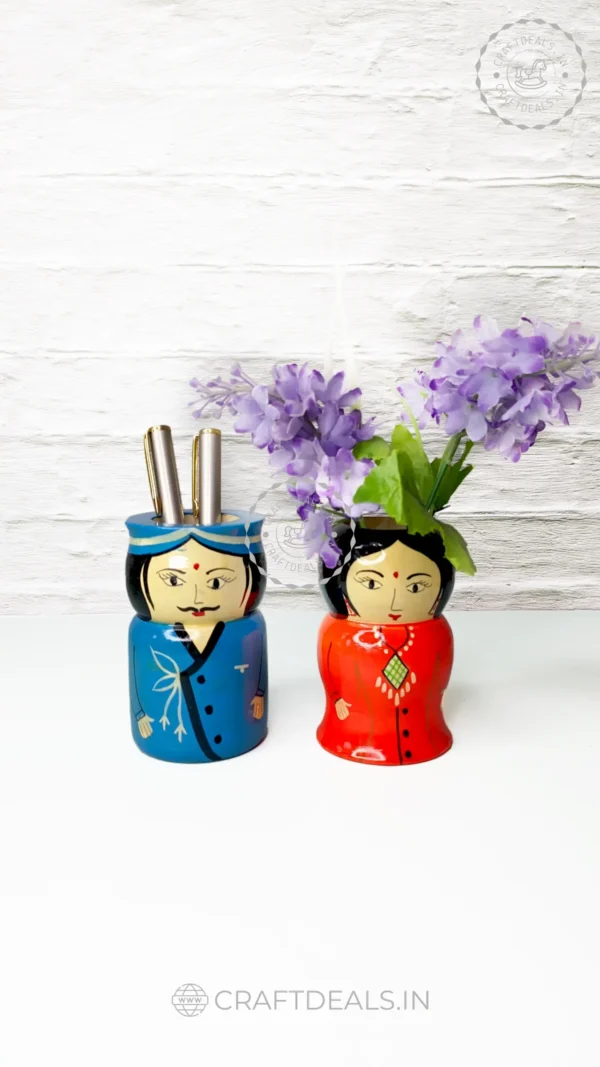 Handcrafted Wooden Pen Stand Raja Rani - Vibrant Desk Organizer with Channapatna Artistry