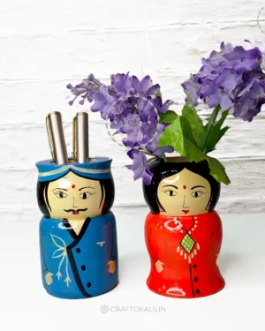 Channapatna Art Wooden Pen Stand - Couple Handcrafted Desk Organizer (Pack of 2)