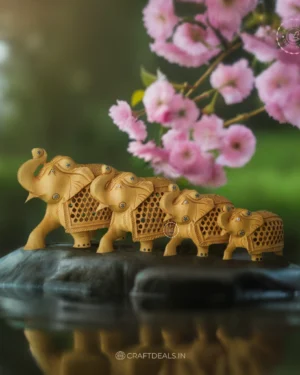 Buy Hand-Carved Wooden Jali Elephant with Intricately Sculpted Baby Elephant Inside (Set of 4)