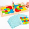 A family enjoys a competitive game night with the Wooden Slide & Solve Puzzle Board Game. Colorful blocks slide on the board to match patterns on the cards.