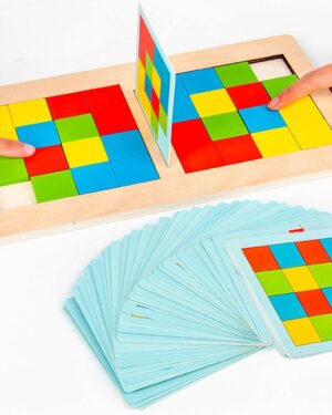 A family enjoys a competitive game night with the Wooden Slide & Solve Puzzle Board Game. Colorful blocks slide on the board to match patterns on the cards.