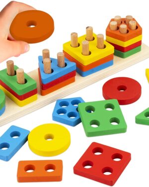 Wooden 5 Shape Stacking & Sorting : Column Puzzle Toy