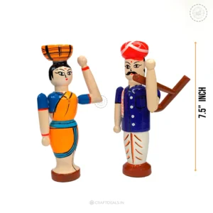 Channapatna Toys Farmer Doll Couple 8 Inch - Handcrafted Eco-Friendly Wooden Dolls With Traditional Attire. Perfect For Cultural Decor, Collectors, And Educational Gifts.