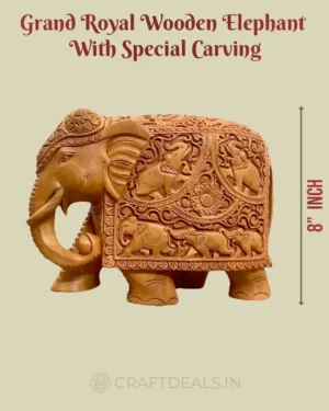 Majestic Heritage Wooden Elephant: Exquisite 8-Inch Hand-Carved Masterpiece. Premium Indian Handicraft, Natural Wood, Intricate Carving.