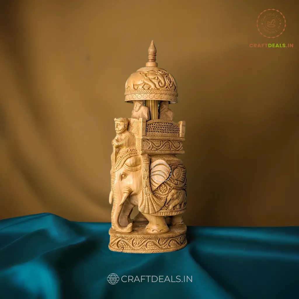 Handcarved Royal Wooden Elephant - 12 Inch Shikari Ambari Sculpture!