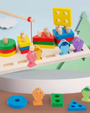 2-in-1 Wooden Shape Sorter and Fishing Game - Colorful Educational Toy for Toddlers