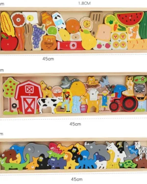 Wooden 3D Puzzle Set - Animals, Farm, Vehicles, Kitchen (Pack of 3)