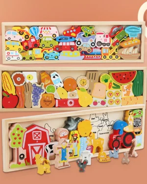 A to Z Wooden 3D Jigsaw Puzzle Toy - Vibrant, Educational Puzzle for Kids with Animals, Farm, Cars & Kitchen Themes - Eco-Friendly and Perfect for Family Fun