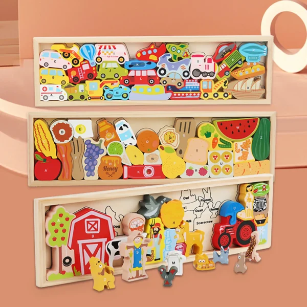 A to Z Wooden 3D Jigsaw Puzzle Toy - Vibrant, Educational Puzzle for Kids with Animals, Farm, Cars & Kitchen Themes - Eco-Friendly and Perfect for Family Fun