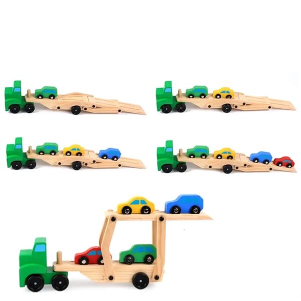 Wooden Double Deck Car Carrier Big Truck Toy(1 Truck, 4 Cars) - Image 2