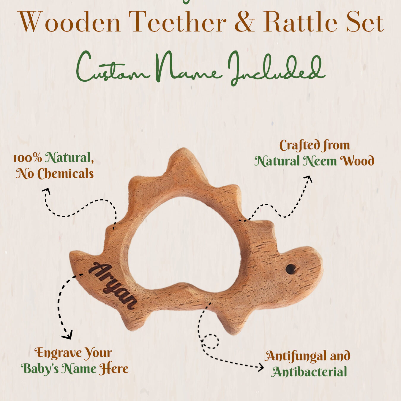 Organic Wooden Neem Teether for Babies (Pack of 2)
