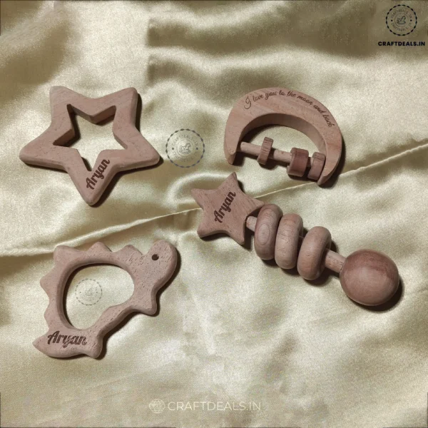 Baby’s First Wooden Teether, Rattle Set of 4 – Engrave your Name - Image 3