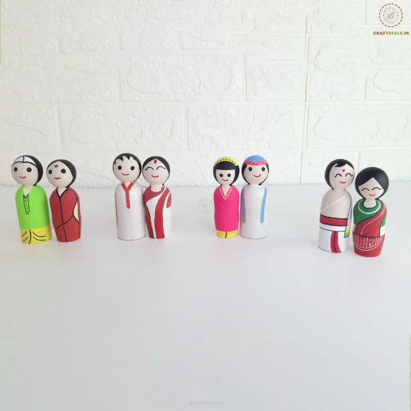 Wooden Cultural Couple Peg Dolls - Handcrafted Indian Toys (Pack of 4) - Image 2