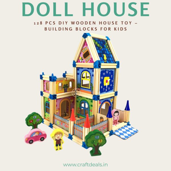 DIY Wooden House Toy – 128 Pcs Colorful Building Blocks for Kids Learning Play