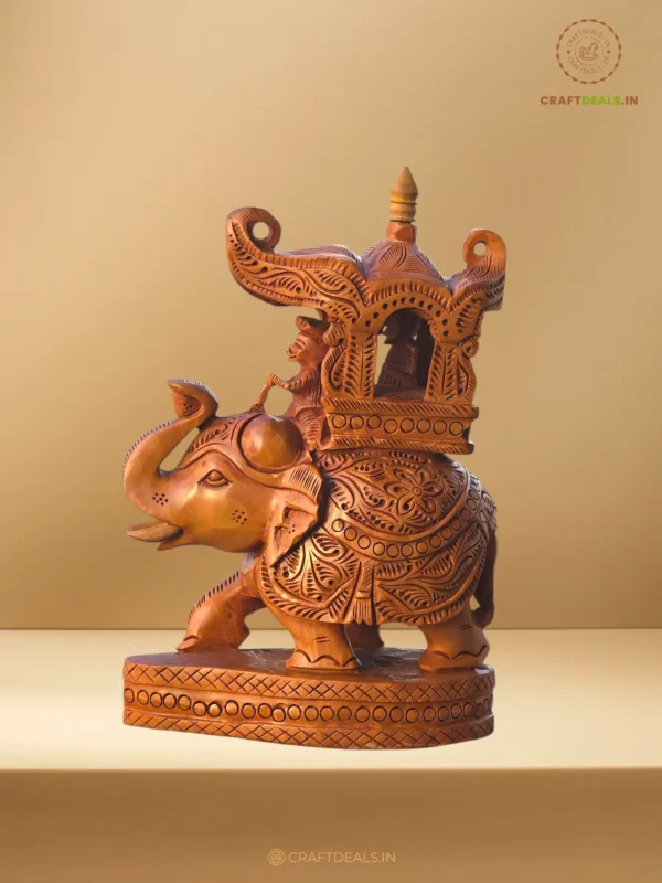 Handcrafted 8-Inch Indian Wooden Elephant With Ornate Howdah. Perfect Ethnic Decor & Gifting Piece. Unique Artisan Craftsmanship & Premium Natural Wood Finish.