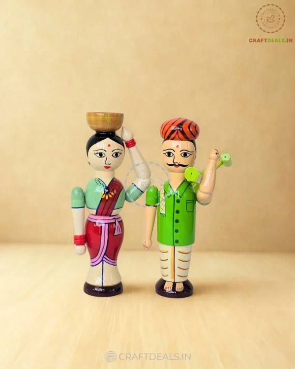 Wooden Village Farmer Dolls Set – Indian Handicraft Toys ("8 inch) - Image 5