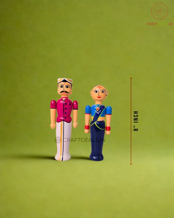 Handcrafted Channapatna Wooden Doll Couple Set – Traditional Indian Figurines for Decor and Gifting