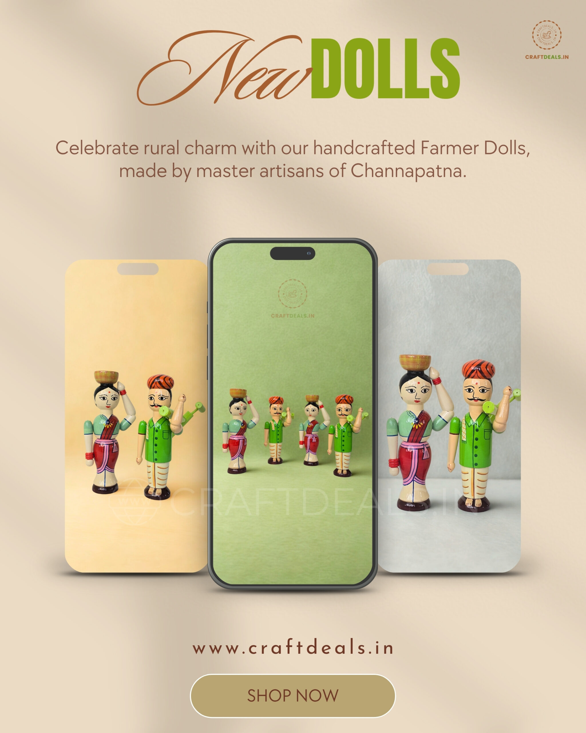 Wooden Village Farmer Dolls Set 8 Inch Handcrafted Channapatna Toys From CraftDeals.in