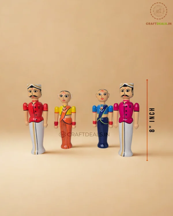 Handcrafted Channapatna Wooden Doll Couple Set – Traditional Indian Figurines for Decor and Gifting