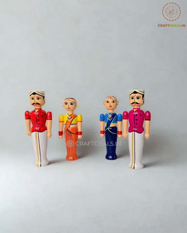 Handcrafted Channapatna Wooden Doll Couple Set – Traditional Indian Figurines for Decor and Gifting