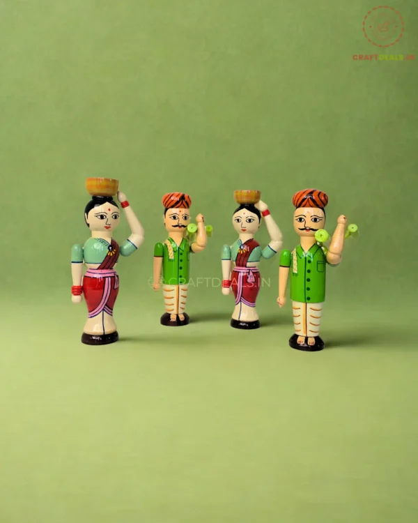 Wooden Village Farmer Dolls Set – Indian Handicraft Toys ("8 inch) - Image 3